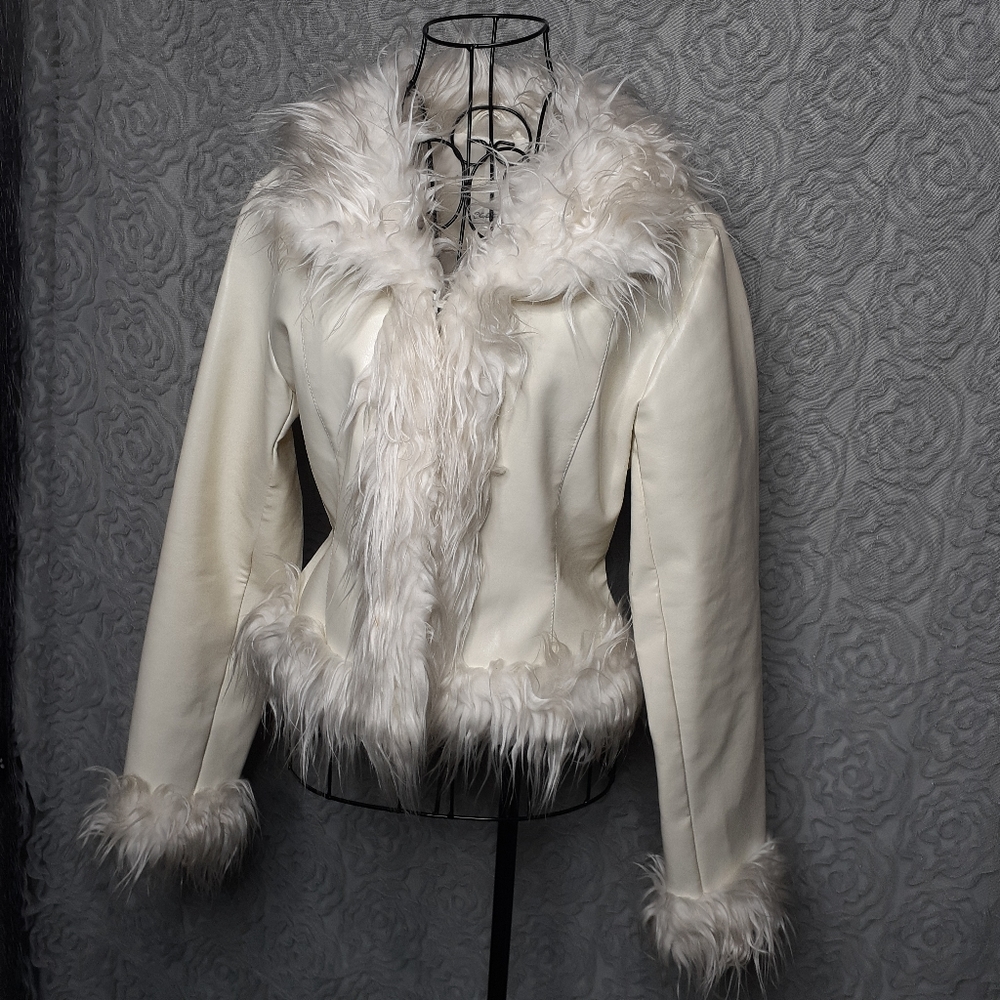 Goth White Leather Fur Trim Jacket M